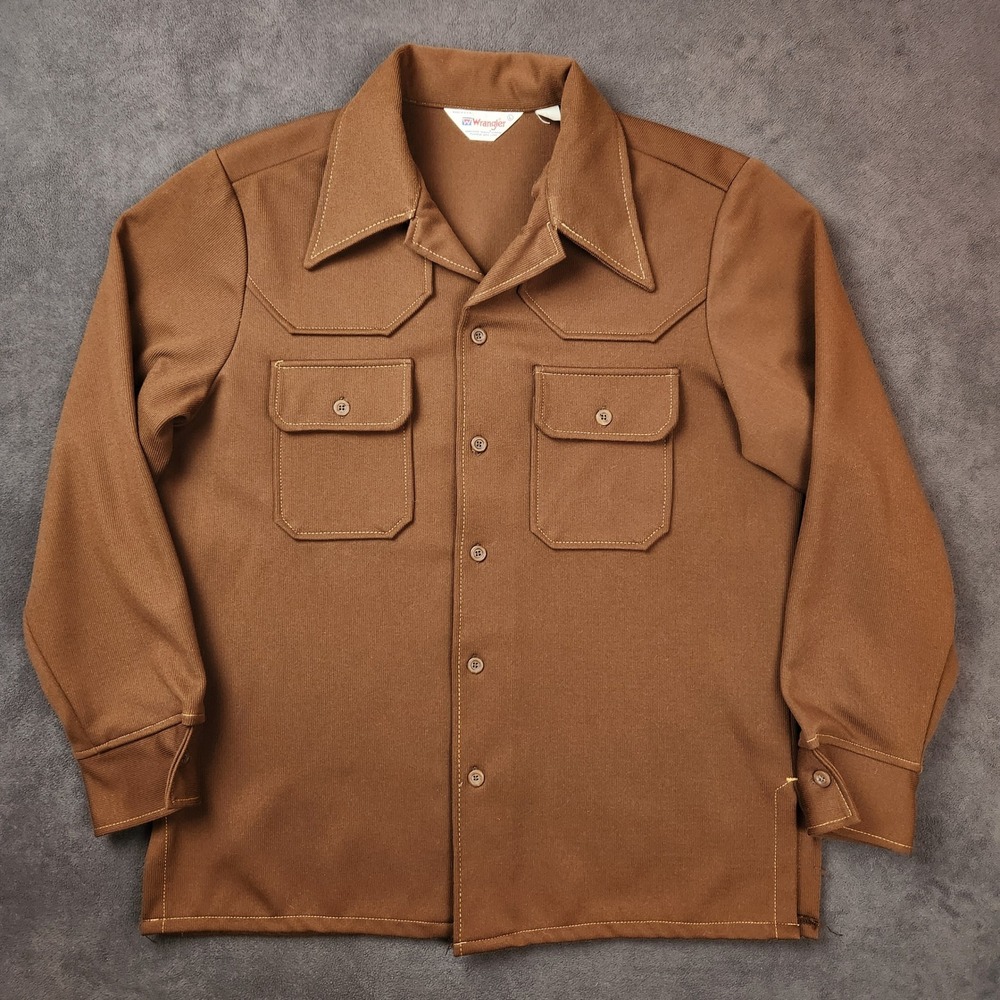 Vintage 70s Wrangler Shirt Jacket Mens Large Brown Polyester Button Up USA Made‎